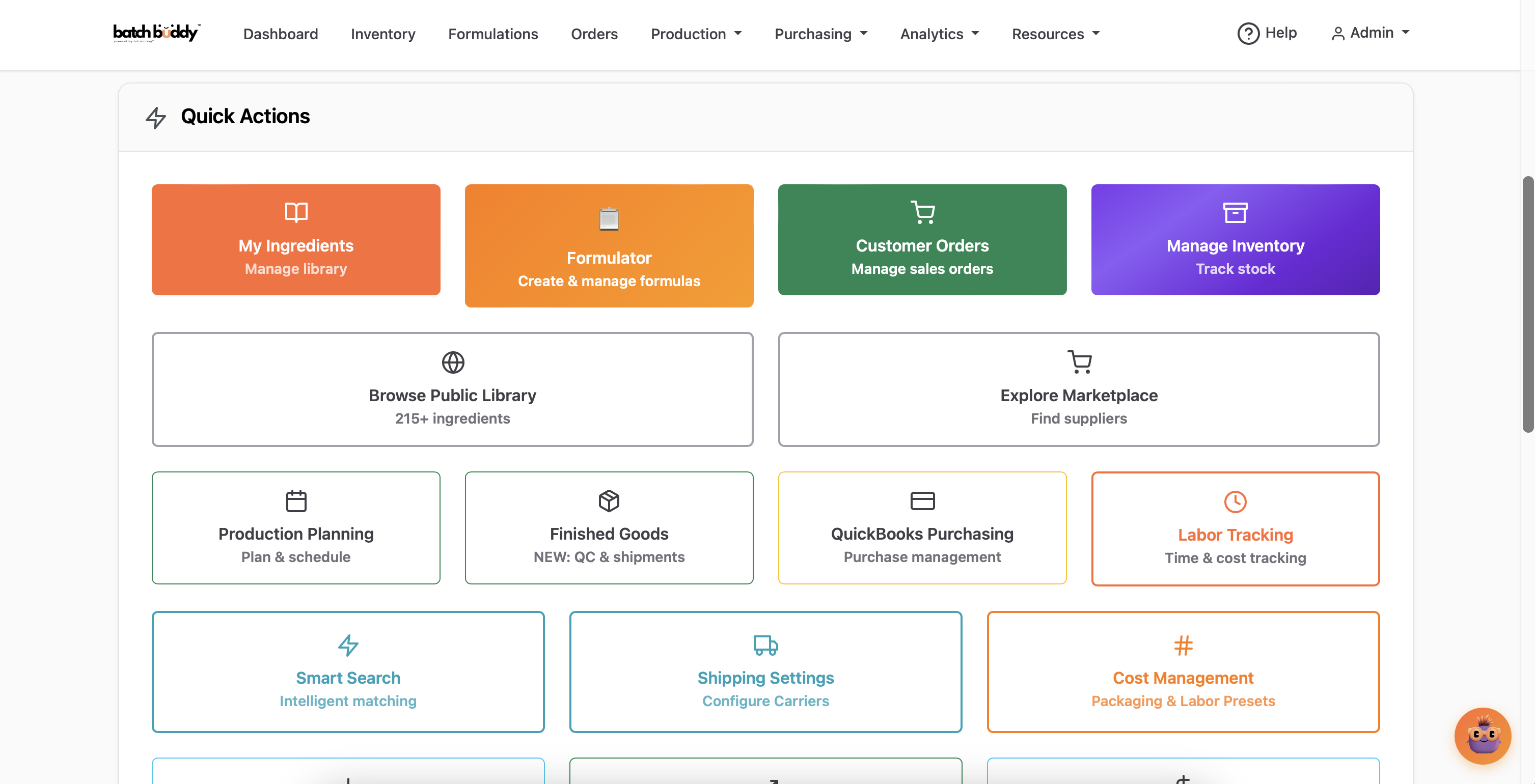 Batch Buddy dashboard - formulation management, inventory tracking, production planning