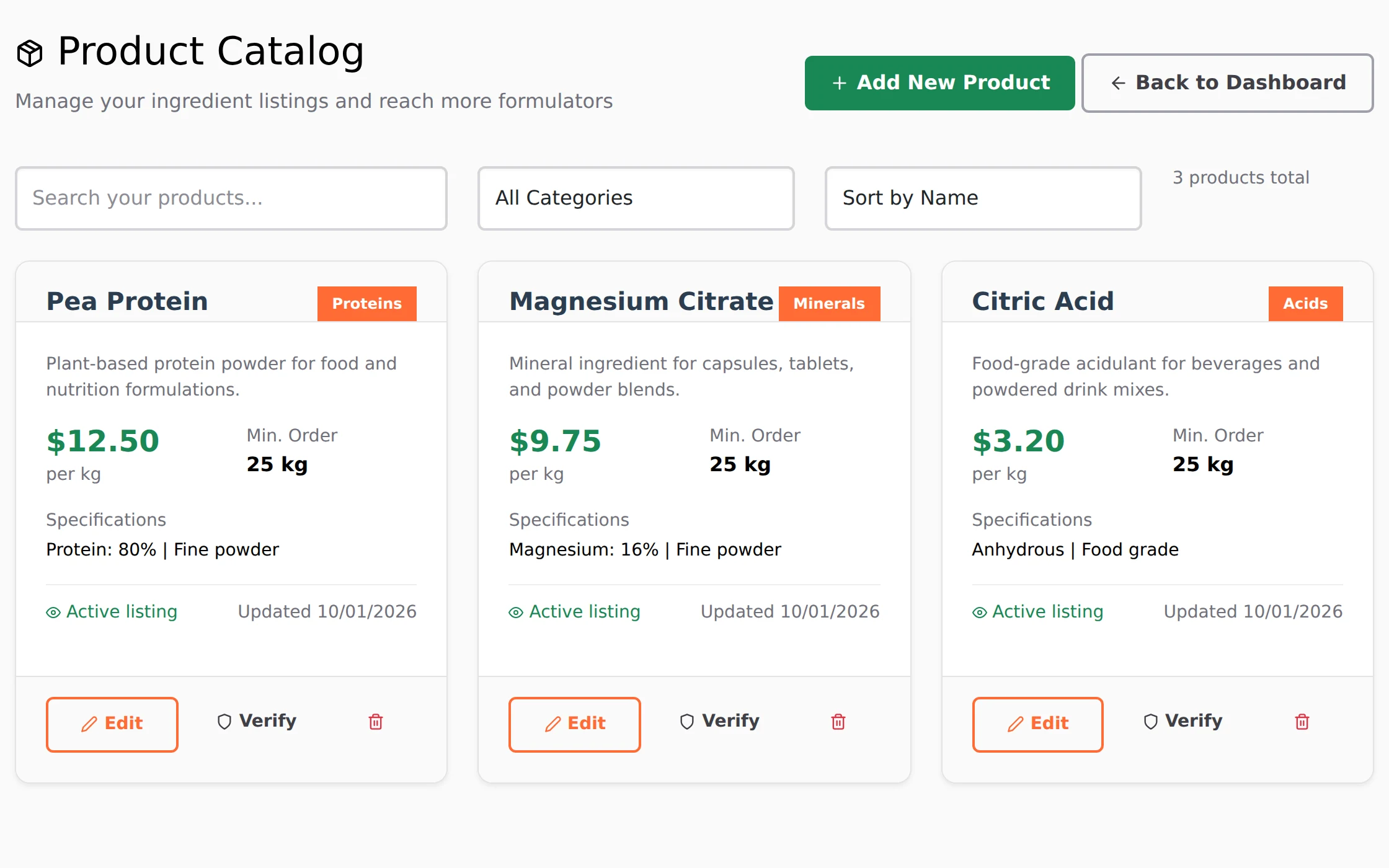 BatchBuddy supplier Product Catalog showing example ingredient listings, product specifications, and catalog controls