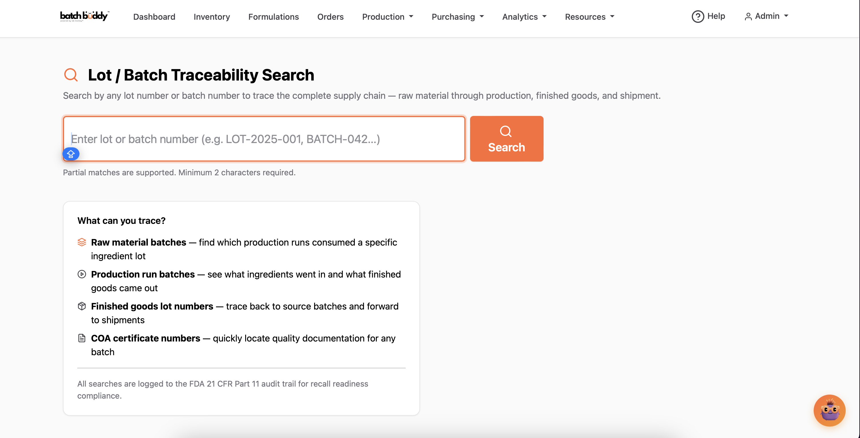 BatchBuddy Lot/Batch Traceability Search — trace raw materials through production to finished goods